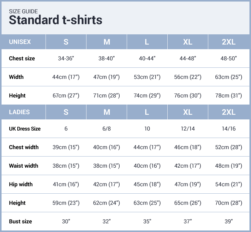 Standard T Shirt Size Chart